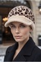 Luxury Winter Women's Brown Beige Leopard Patterned Hat with Feather Detail and Brim - 5