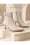 Women's Cream Beige Pointed Toe Thin Goblet Heeled Boots with Belt Buckle Detail, Warm Lining, Short Heeled Stylish Boots - 2