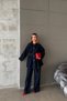 Belted Shirt Jacket-Wide Leg Pants Dark Blue Women's Denim Premium Set - 2