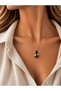 Navy Blue Stone Detailed Sun Patterned Gold Design Necklace - 2