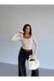 Women's Beige Slit Spanish Sleeve Long Sleeve Diver Fabric Blouse - 2