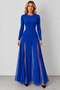 Night Glow – Women's Crew Neck Long Sleeve Multi-Slit Look Tulle Detailed Black Maxi Crepe Evening Dress