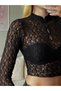 Lace Patterned Long Sleeve High Neck Button Detailed Crop Blouse - 6