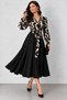Patterned Elegance – Women's Double Breasted Collar Geometric Patterned Long Sleeve Belted Black Crepe Flared Midi Dress