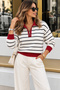 Women's Striped Knitwear Sweater – Polo Collar Zippered Long Sleeve Knitted Sweater