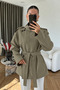 Monica Belted Detailed Stand Collar Khaki Trench Coat