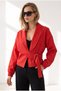 Women's Red Belt Detailed Lined Crop Trench Coat Trc-00000015