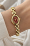 Florena Women's Wristwatch with Burgundy Dial, Golden Yellow Oval Case, Roman Numerals, Stone Detail, Floral Motif Bracelet, Vintage Design - 3