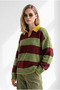 Women's Green Claret Red Contrast Collar Polo Collar Knitwear Sweater Kzk-19001187 - 4