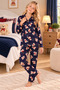 Girl's Cotton Navy Blue Color Buttoned Long Sleeve Pajama Set - 3