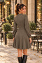 Stylish Touch with Waist Buckle - Women's Long Sleeve Semi-High Neck Flared Skirt Short Modal Dress - 3