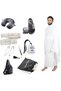BLACK DIAMOND 9-Piece Hajj & Umrah Travel Kit for Men - Pure Cotton Ihram Towel Set (2 Pcs) with Waterproof Belt, Crossbody Sling Bag, Slippers, Shoe Bag, Neck Pillow, Tasbeeh, Prayer Cards & Pins.