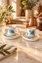 Blue Floral Patterned Ceramic Turkish Coffee Cup Set for 2 People, 4 Piece Gift Decorative Coffee Set with Saucers