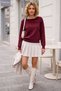 Burgundy Asymmetric Collar Long Sleeve Sectioned Piece Knitwear Ribbed Hem Casual Knitwear Sweater 61 60 - 5