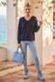 Navy Blue V-Neck Cuffed Sleeves Slim Shimmering Casual Knitwear Sweater 65 65 - 5