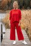 Red Crew Neck Pocketed Double Set Elastic Waist Jacquard Knitwear Top and Bottom Set 62-97 68-70
