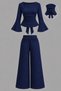 Navy Blue Distressed Fabric Spanish Sleeve Back Detailing Crop Top and Bottom Set