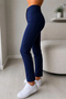 Women's Navy Blue High Waist Gathered Ribbed Stitched Spanish Leg Pants - 5