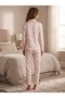 Women's Patterned Bowknot Long Sleeve Pajama Set Buttoned Pajama Bottom Top Set - 2