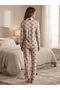 Women's Patterned Bowknot Long Sleeve Pajama Set Buttoned Pajama Bottom Top Set - 2