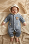 Milo Teddy Embroidered Hooded Baby Romper - 100% Cotton Soft Texture, Pastel Unisex Baby Jumpsuit