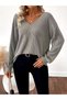 Women's Long-Sleeve V-Neck Open-Back Ribbon-Detail Fleece-Lined Ribbed Knit Blouse - 3