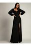 Women's long sleeve heart neck slit long imported crepe dress - 4