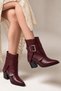 Orkide Women's Burgundy Leather Buckle Detailed Pointed Toe Thick Heeled Ankle Length Short Boots 6.5 cm Heel - 8