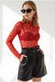 Women's Red High-Neck Flocked Printed Transparent Tulle Blouse Blz-19003481 - 4