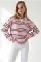 Women's Pink Polo Collar Striped Sweatshirt Swt-19000813 - 3