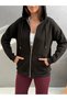 Women's Black Hooded Zippered Pocket Oversize 3 Thread Raster Sweat Cardigan - 6