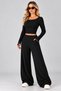Women's Long Sleeve One-Shoulder Open Turtleneck Waist-Cinched Crop Camisole Blouse and Pants Two-Piece Set Casual Chic Comfy Outfit