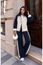 Women's Navy Blue Cream Color Block Zippered Jacket and Striped Spanish-Cut Trousers Two-Piece Set - 2