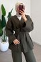 Women's V-Neck Buttoned Gabardine Two-Piece Suit - Khaki - 5