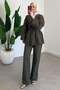 Women's V-Neck Buttoned Gabardine Two-Piece Suit - Khaki - 3