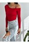 Women's Red Single Shoulder Ringed Long Sleeve Diver Fabric Crop Blouse - 2