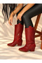 Limona Red Patent Leather Straw Patterned 6 cm Heel Women's Boots - 5