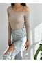 Women's Beige Single Shoulder Ringed Long Sleeve Diver Fabric Crop Blouse - 2