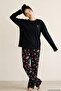 Black Pink Floral Patterned Embroidered Cotton Knitted Pajama Set 8094 - 3