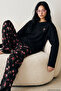 Black Pink Floral Patterned Embroidered Cotton Knitted Pajama Set 8094