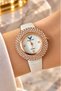 Swiss Women's Wristwatch Rose Gold Color Steel 33mm with Crystal Stones White Dial with Real Leather Strap