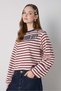 Women's Burgundy Crop Wide Sleeve Oversize Printed Striped Sweatshirt 32078