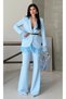 Women's Sleeves Lace Detailed Jacket Trousers Suit Baby Blue - 4