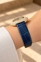 Swiss Women's Wristwatch Rose Gold Color Steel 33mm with Crystal Stones Dial with Navy Blue Real Leather Strap - 2