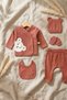 Sage Orange Teddy Bear Embroidered Baby Boy Ribbed Cotton 5-Piece Newborn Hospital Release and Baby Set - 4