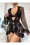 Tulle Mini Dressing Gown Panties Lace Bra Set Nightgown - 2