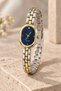 Oval-Case Two-Tone Metal Strap Women's Wristwatch – Navy Blue Dial with Stone Embellishments, Minimalist Design - 3
