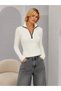 Women's Stand Collar Half Zipper Ribbed Cotton Knitwear Sweater with Piping Detail 12533