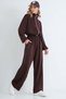 Women's Brown Stand Collar Zippered Jacket and Double Pocket Tie-Up Trousers Set Alc-X15934