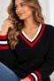 Women's V-Neck Knitwear Sweater Black Red White Striped Detailed Long Sleeve Knitted Sweater - 4
